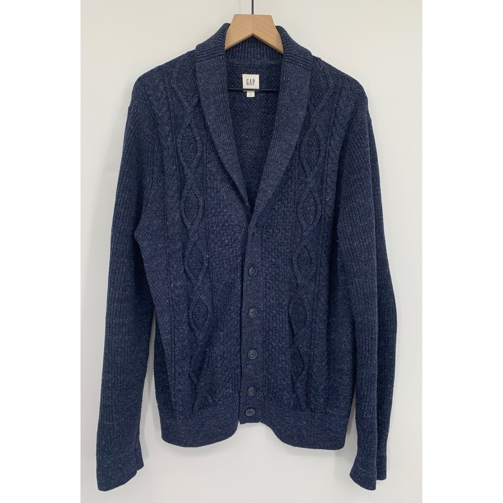 GAP Sweater Mens Large Blue Cardigan Cable Knit Shawl Neck Button Cotton Blend